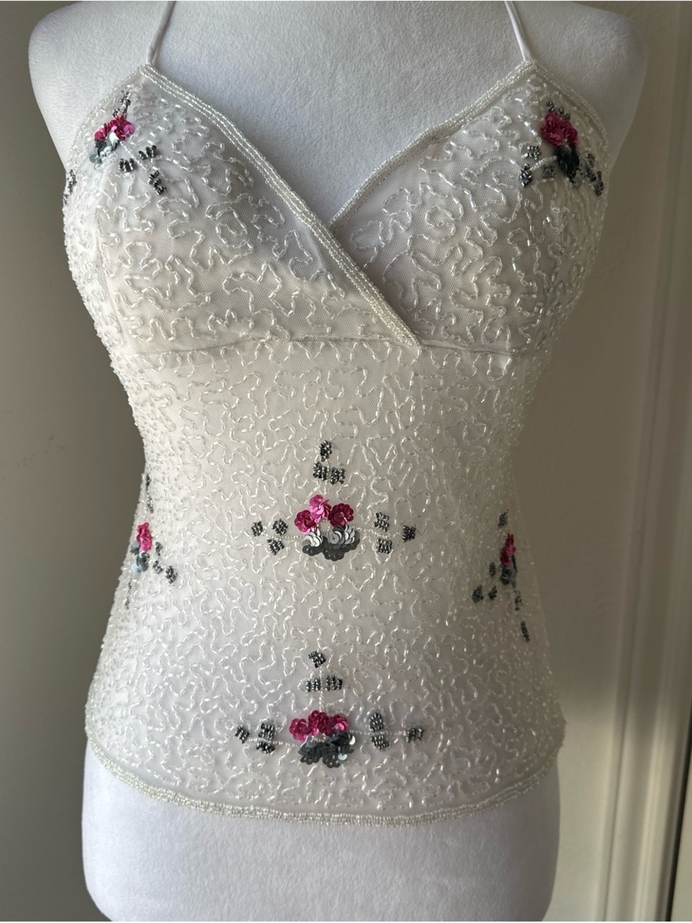 Body Central White Beaded Floral Sequin Camisole with Pink Accents